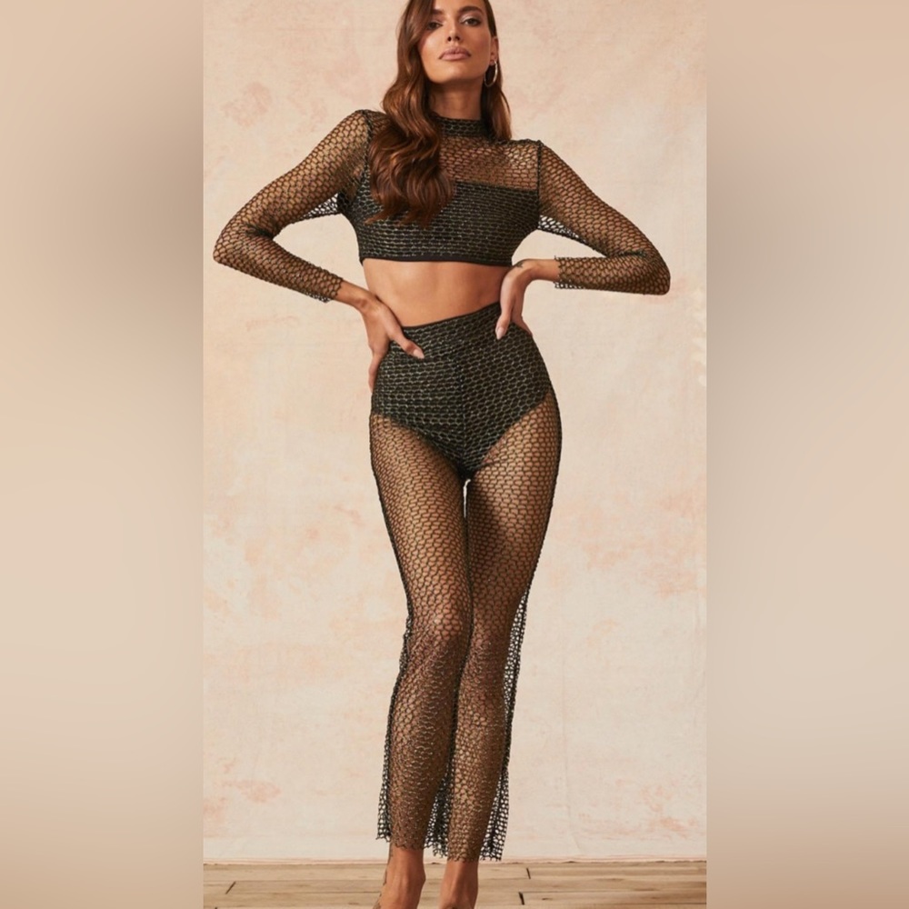 Camila Coelho Rae long sleeve blouse and pant set (black and gold mesh)